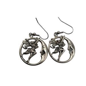 Vintage Fairy Man in the Moon Earrings Celestial Silver Tone Fantasy